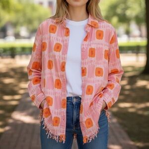 Tizzie linen & cotton blend geometric block frayed mod tropical button down S